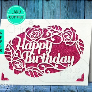 Happy Birthday Card SVG template, Flowers Card cut file, Floral card, birthday invitation stationary, roses vector greeting card, envelope