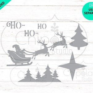 May include: A set of five gray Christmas-themed SVG cut files. The set includes a silhouette of Santa Claus in a sleigh pulled by reindeer, a star, a Christmas tree, and a group of three trees. The text "HO HO HO" is included in the design.