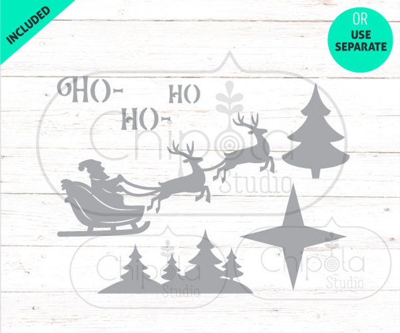 May include: A set of five gray Christmas-themed SVG cut files. The set includes a silhouette of Santa Claus in a sleigh pulled by reindeer, a star, a Christmas tree, and a group of three trees. The text "HO HO HO" is included in the design.