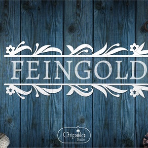 May include: White silhouette of the name "FEINGOLD" with decorative floral accents on a blue wood background.
