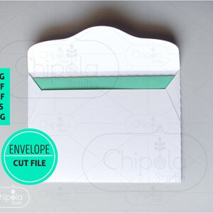 May include: A white envelope with a green flap. The envelope has a scalloped top edge and the text "ENVELOPE CUT FILE" in a teal circle.