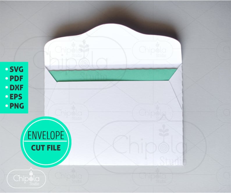 May include: A white envelope with a green flap. The envelope has a scalloped top edge and the text "ENVELOPE CUT FILE" in a teal circle.