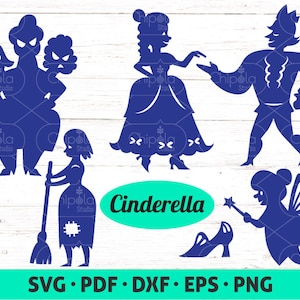 Kopciuszek SVG plik do cięcia, Bajka SVG, Księżniczka i Książę, Bajkowe sylwetki lalek cienia Papierowy szablon cyfrowy SVG, Cricut
