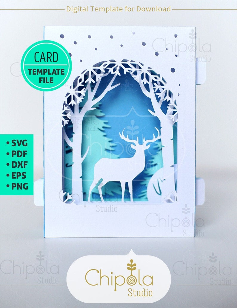 Christmas 3D Card SVG, 3d SVG, pop-up card, 3d Papercut Card, tunnel card, elk and birch trees card template, new year card, layered card 