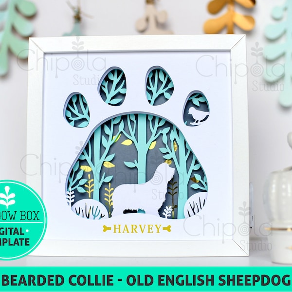 Bearded Collie, Old english Sheepdog Dog breed Shadow Box SVG, 3d papercut SVG, layered paper art template, scroll saw, gift layered Bearded Collie, Old english Sheepdog Dog breed Shadow Box SVG, 3d papercut SVG, layered paper art template, scroll saw, gift layered
