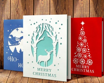 3 Christmas Cards Set, Christmas Cards Templates SVG, Christmas invitation file, Papercut Card, birch trees deer svg  snowflakes svg