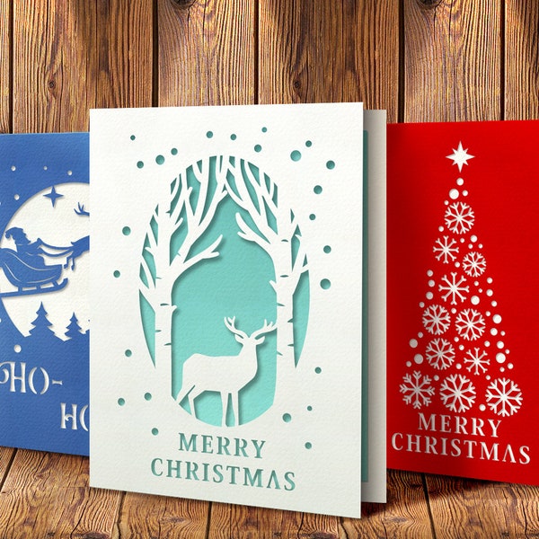 Conjunto de 3 tarjetas de Navidad, plantillas de tarjetas de Navidad SVG, archivo de invitación de Navidad, tarjeta de corte de papel, abedules, ciervos, copos de nieve, svg