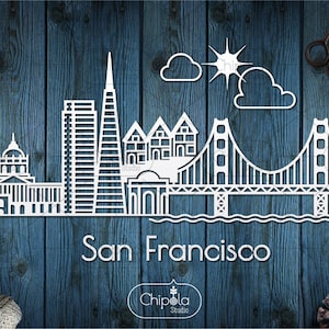 San Francisco Skyline SVG Vektor geschnitten Datei, Golden Gate Bridge Stadtbild Vorlage, Dekupiersäge Vorlage, Holzschnitt, Cricut, Silhouette Cameo