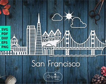 San Francisco Skyline SVG vector cut file, Golden Gate Bridge cityscape template, scroll saw template, wood cut, Cricut, Silhouette Cameo