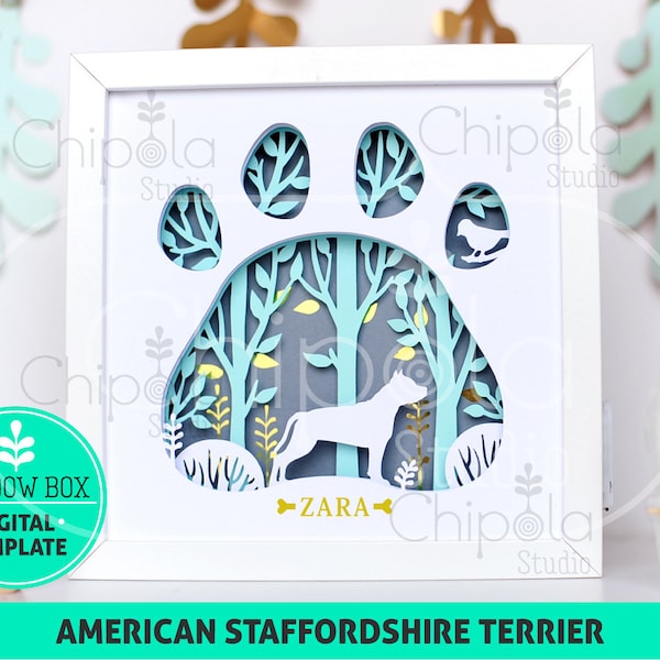 American Staffordshire Terrier Dog breed Shadow Box SVG, 3d papercut SVG, layered paper art template, scroll saw pattern, art with LED light
