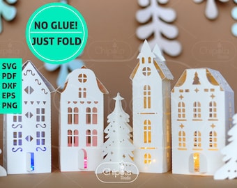 3D Christmas houses and trees template SVG, decoration Lantern paper model, winter village cut file, New year, Laser Cut, Silhouette, Cricut