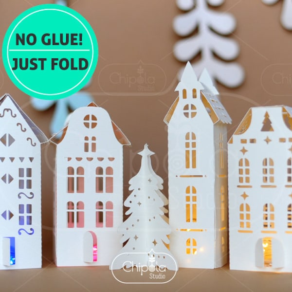 Modèle de maisons et d’arbres de Noël 3D SVG, modèle de papier de lanterne de décoration, fichier de coupe de village d’hiver, Nouvel An, Découpe laser, Silhouette, Cricut