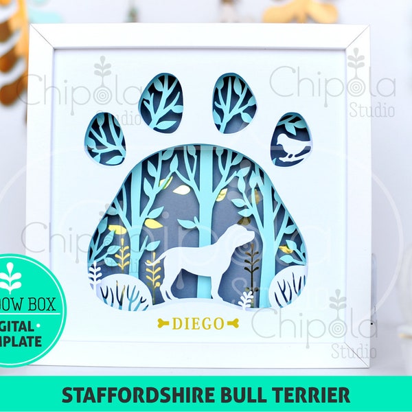 Staffordshire Bull Terrier Dog breed Shadow Box SVG, 3d papercut SVG, layered paper art template, scroll saw pattern, art with LED light