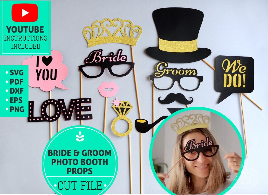 Bride & Groom Photo Booth Props , Wedding Decoration SVG, Downloadable