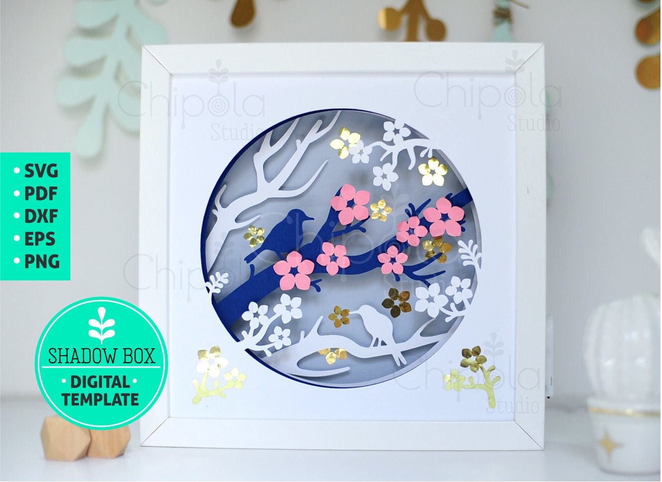 Cherry Blossom Sakura Shadow Box SVG, 3d papercut trees and flowers, paper art template, vector file, layered art with LED light, Cricut
