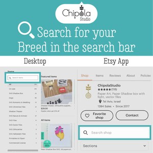 May include: A teal graphic with the text "Search for your Breed in the search bar." The image shows a desktop and Etsy app interface with search bars highlighted. The Chipola Studio logo is at the top.