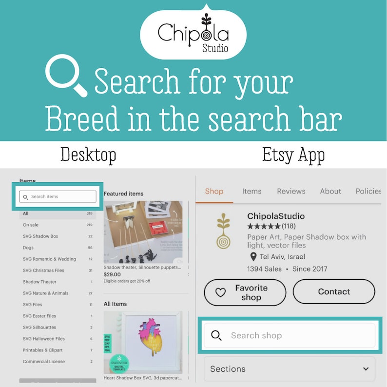 May include: A teal graphic with the text "Search for your Breed in the search bar." The image shows a desktop and Etsy app interface with search bars highlighted. The Chipola Studio logo is at the top.