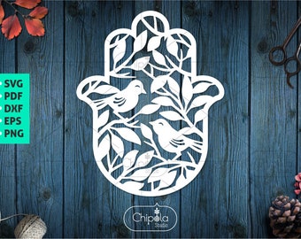 Hamsa with Birds SVG vector cut file, luck amulet chamsa hand papercut, namaste template, scroll saw template, wood cut, Cricut, Silhouette