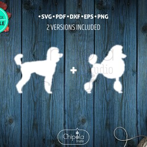 May include: White poodle silhouette cut files, including SVG, PDF, DXF, EPS, and PNG formats. The image includes two versions of the poodle design. The text "SHADOW BOX CUT FILE" is visible in the upper left corner.