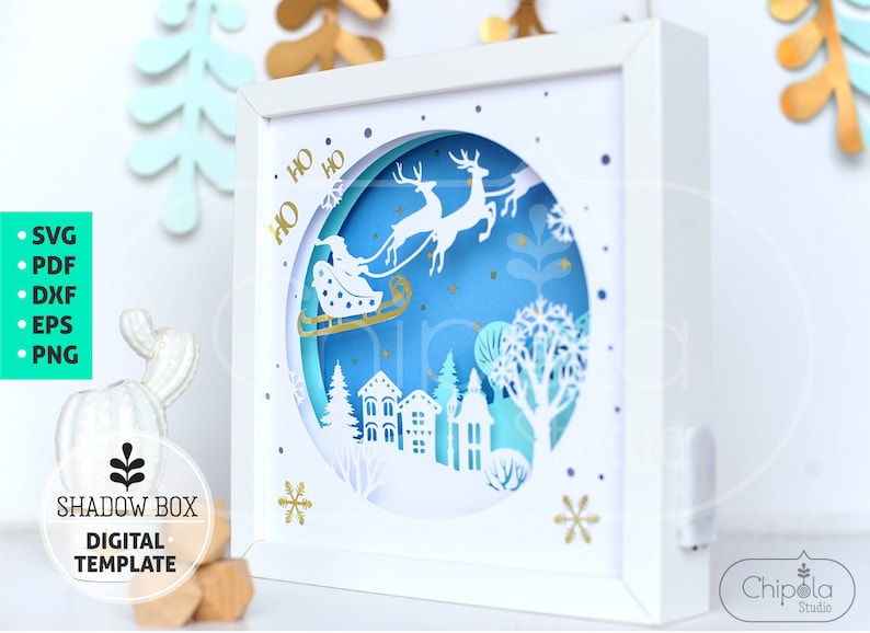 Santa Sleigh Shadow Box SVG, christmas winter 3d papercut SVG, layered paper art template with LED light, New Year, Cricut, Silhouette files image 4