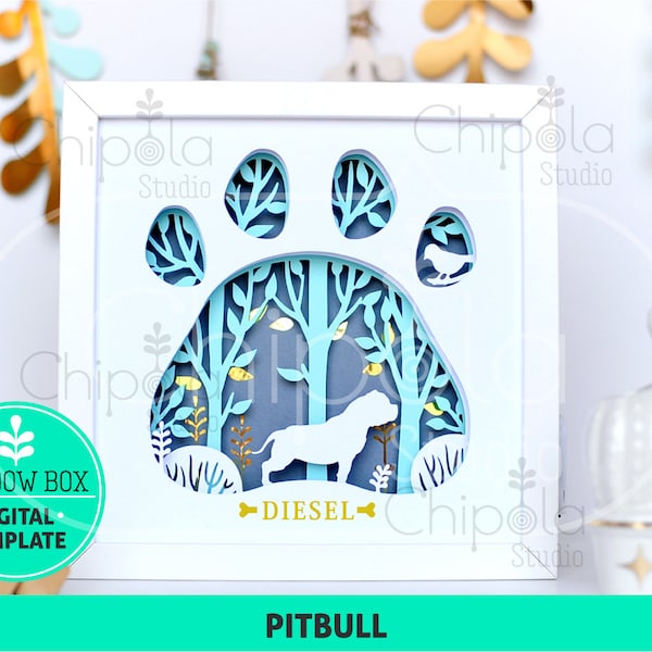 Pitbull Dog breed Shadow Box SVG, 3d papercut SVG, layered paper art template, scroll saw pattern, gift layered art with LED light, Cricut