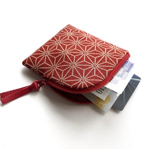 Monedero rojo anaranjado hecho a mano, pequeño monedero con cremallera, monedero, mini monedero de mujer, monedero de bolsillo, bolso pequeño de tela de algodón japonés