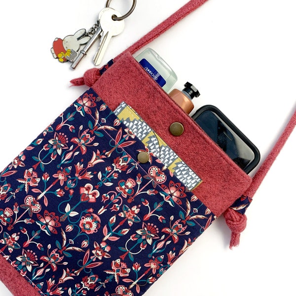 Handmade Liberty fabric clutch bag, pink wool crossbody pouch purse, women’s small crossbody bag