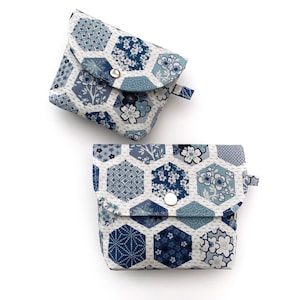 Petite pochette bleue à bouton-pression, petite trousse de maquillage à motif traditionnel japonais, porte-cartes de voyage, pochette pour femme