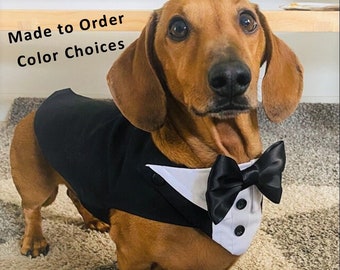 Small Dog Wedding Tuxedo, Split Tails, Leash D Ring, Ring Bearer, Classic Dog Wedding Suit, Choose Tuxedo and Bow Tie Colors, Add Ring Clip