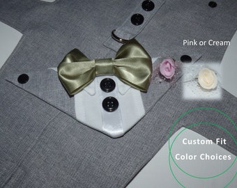 Dog Wedding Tuxedo, Flower Buttonhole, Pink or Cream Flower, add a Ring Clip, Ring Bearer, Med to XL, Customise Fabric, Bow Tie Colors