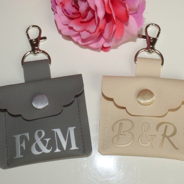 Personalised Ring Bearer Pouch, Clips to Dog Collar, Monogram Optional, Soft Faux Leather, Scalloped Edge with handmade Satin Covered Snap