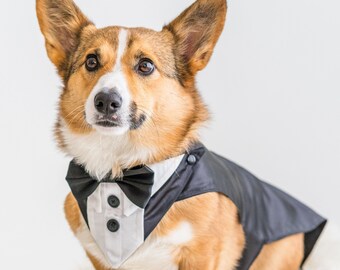 Ring Bearer Dog Tuxedo, Black Satin with Optional Flower Buttonhole, Dog Wedding Ring Bearer, Made to Order, Choose Fabric and Bowtie Colors