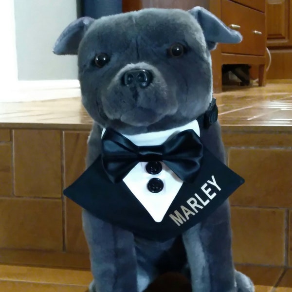 Dog Tuxedo Wedding Bandana with Your Dog's Name, Includes Adjustable Black Collar, Optional Black Rope Leash, Choose Tuxedo and Bowtie Color
