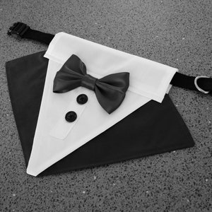 Dog Wedding Tuxedo with Satin Bow Tie, Dog Tuxedo Bandana Slides Over Collar, Classic Black or Choice of Tuxedo and Bowtie Colours, S to XL