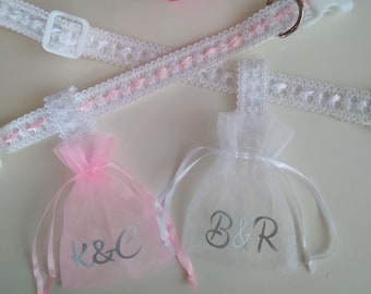 Dog Ring Bearer Pouch with Initials, White or Pink Organza Ring Pouch, Slides on, Optional White Lace Collar with Pink or White Satin Ribbon