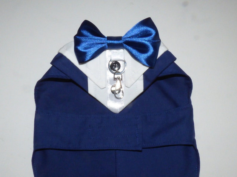 May include: A dark blue pet tuxedo garment featuring a white shirt collar, a shiny royal blue satin bow tie, and a central vertical white placket with two black buttons and a silver metal D-ring attachment for a leash or accessory.
