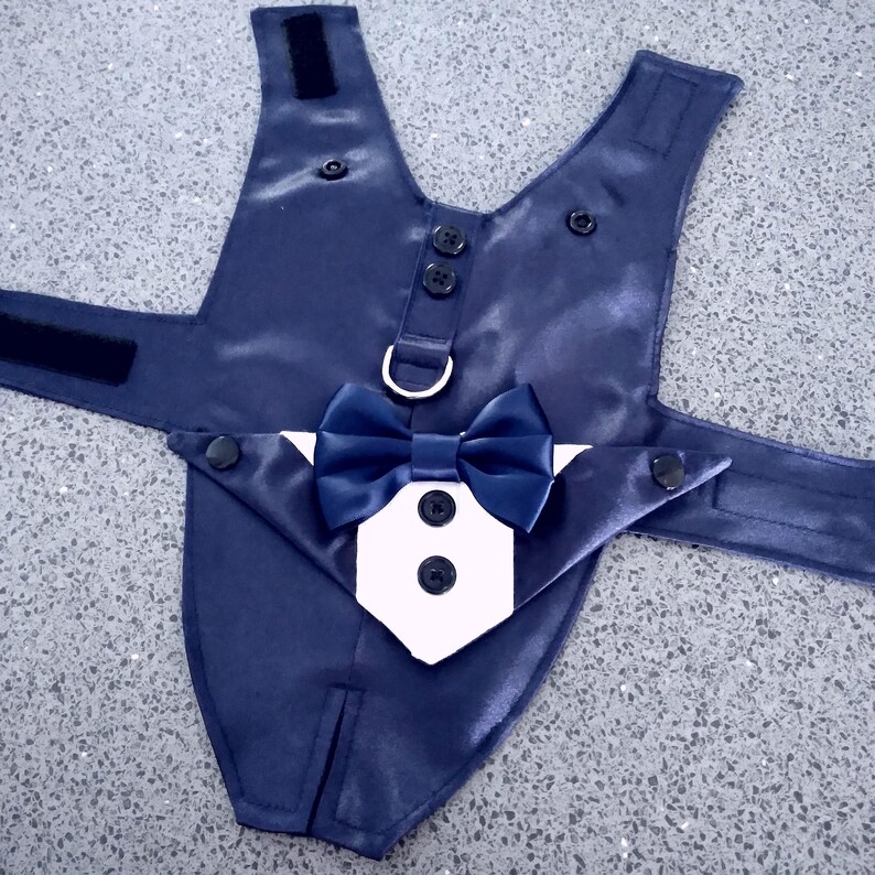 May include: A navy blue satin pet harness featuring a white shirt-front insert, a matching navy blue bow tie, two black buttons on the shirt front, two black buttons on the upper chest, and a silver D-ring. The harness includes black velcro straps.