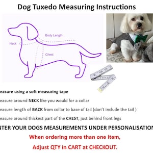 May include: A dog tuxedo measuring guide featuring a purple outline of a dog, a white dog wearing a grey tuxedo with a green bowtie, and a soft measuring tape. Text includes Dog Tuxedo Measuring Instructions, Neck, Body Length, Chest, and instructions.