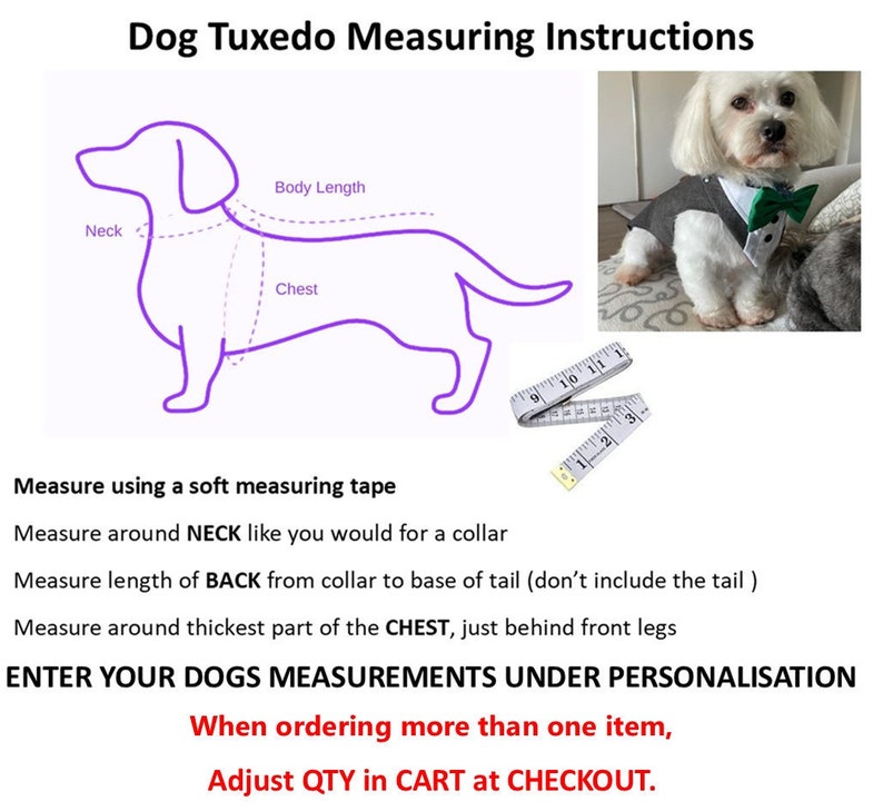May include: A dog tuxedo measuring guide featuring a purple outline of a dog, a white dog wearing a grey tuxedo with a green bowtie, and a soft measuring tape. Text includes Dog Tuxedo Measuring Instructions, Neck, Body Length, Chest, and instructions.