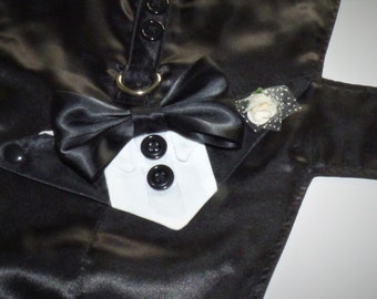 Dog Tuxedo, Black Satin with Optional Flower Buttonhole, Add a Ring Clip, Dog Ring Bearer, Made to Order, Choose Fabric and Bowtie Colors