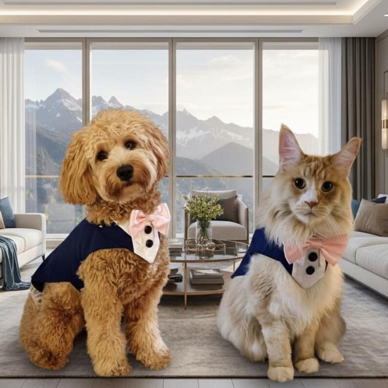 May include: A golden-brown curly-haired dog and a long-haired ginger cat sitting side by side. Both animals are wearing matching navy blue tuxedo-style vests with white shirt fronts, two black buttons, and light pink bow ties at the neck.