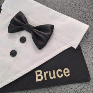 Dog Wedding Tuxedo with Satin Bow Tie, Dog Tuxedo Bandana Slides Over Collar, Classic Black or Choice of Tuxedo and Bowtie Colours, S to XL