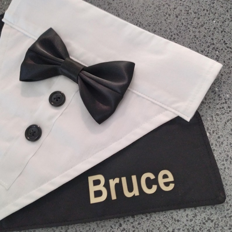 Dog Wedding Tuxedo with Satin Bow Tie, Dog Tuxedo Bandana Slides Over Collar, Classic Black or Choice of Tuxedo and Bowtie Colours, S to XL
