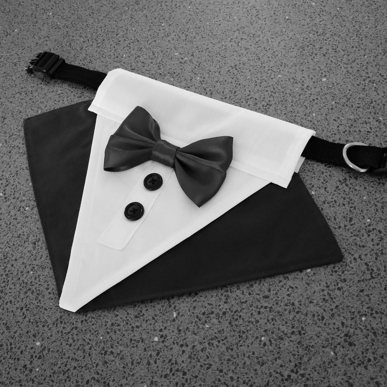 Dog Wedding Tuxedo with Satin Bow Tie, Dog Tuxedo Bandana Slides Over Collar, Classic Black or Choice of Tuxedo and Bowtie Colours, S to XL