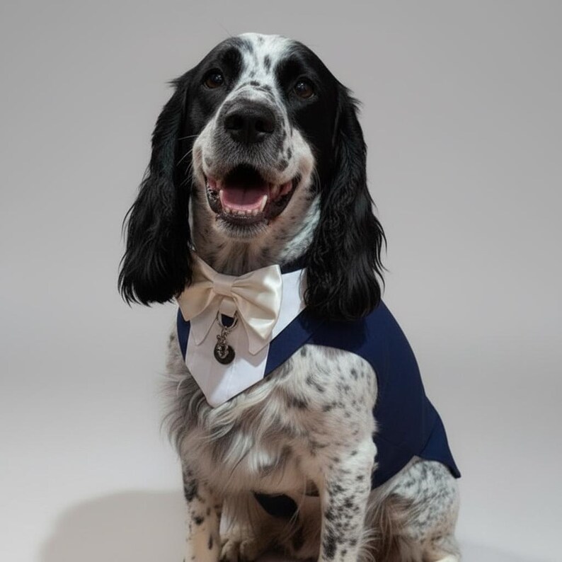 May include: A black and white spotted dog wearing a formal navy blue waistcoat with a white shirt front and a cream-coloured bow tie. The dog has long, dark, floppy ears and a happy expression with its mouth open, showing its teeth and pink tongue.