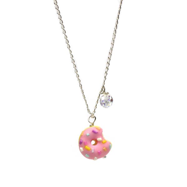 Collier en argent Donut Sterling avec cristal Swarovski. Beignet Temps. Bijoux alimentaires délicieux, art portable, nourriture miniature. Cadeau pour elle