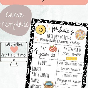 Editable Retro Back To School Sign Template, Back to School, Student Info Printable, Customizable, Instant Download, Editable Canva Template