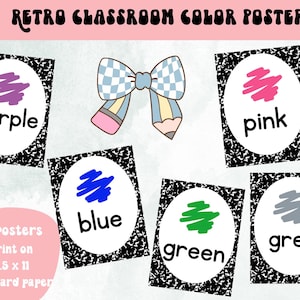 May include: Set of 11 printable classroom posters featuring different colors. Each poster has a black and white background with a white circle in the center. The circle contains a color name and a scribble of that color. The colors included are purple, blue, pink, grey, and green. The posters are designed to be printed on 8.5 x 11 inch standard paper.