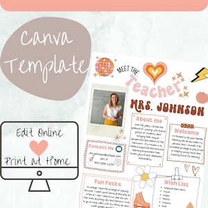 Editable Retro Meet the Teacher Template, Back to School, Teacher Info Printable, Customizable, Instant Download, Editable Canva Template