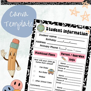 レトロな学生情報シート、学生アンケート、新学期、印刷可能、BTS ワークシート、即時ダウンロード、編集可能な Canva テンプレート